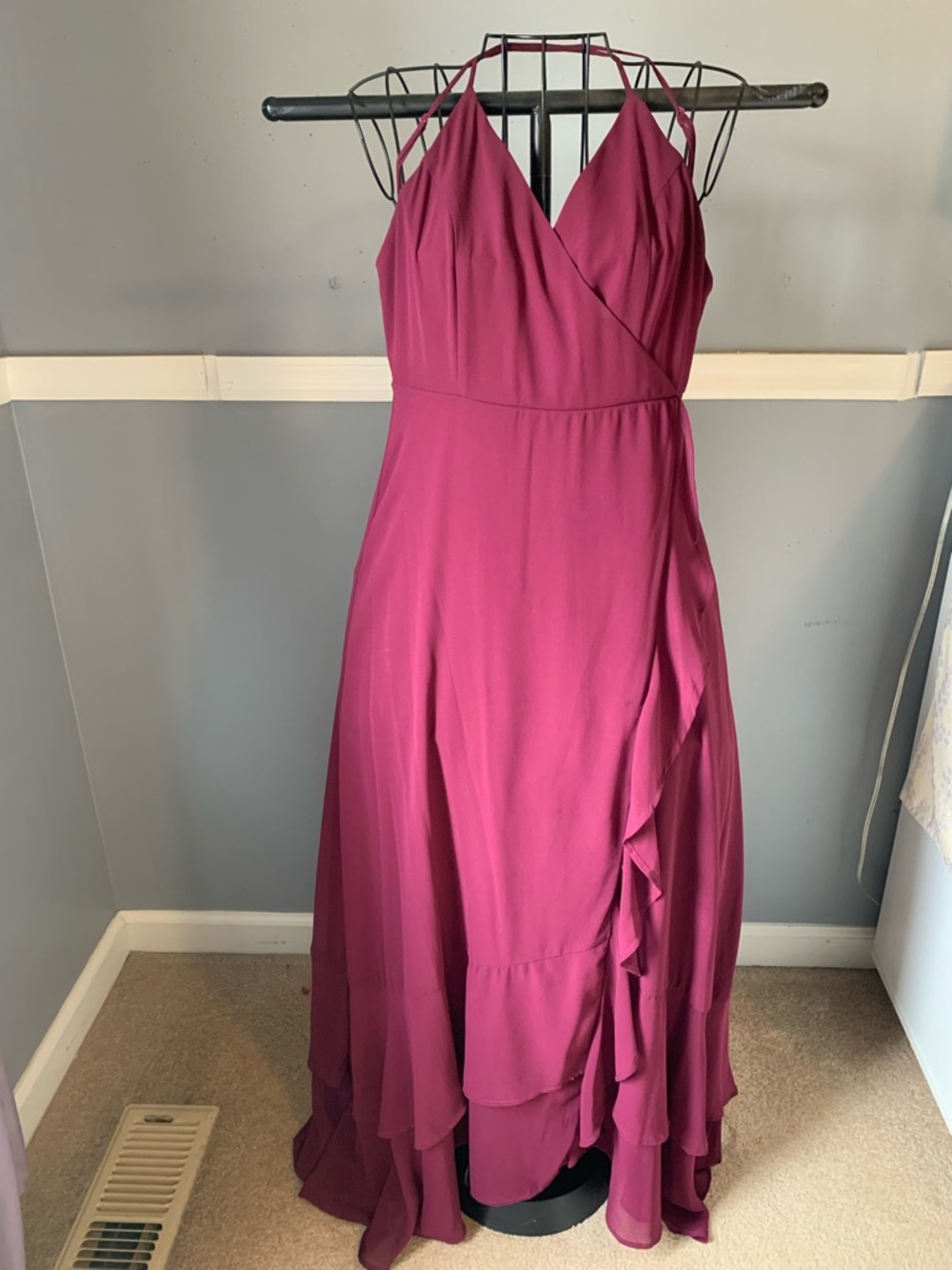 Lulu's Magenta Maroon Strappy Ruffle Maxi Dress